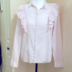 𝅺nwot Noisy May Pink White Stripes Frill Button Down Shirt US S